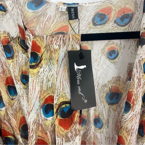 Long Sleeves Cream Peacock Feathers Plunging Neck High Slit Dress Sz Large NWT - Picture 7 of 9